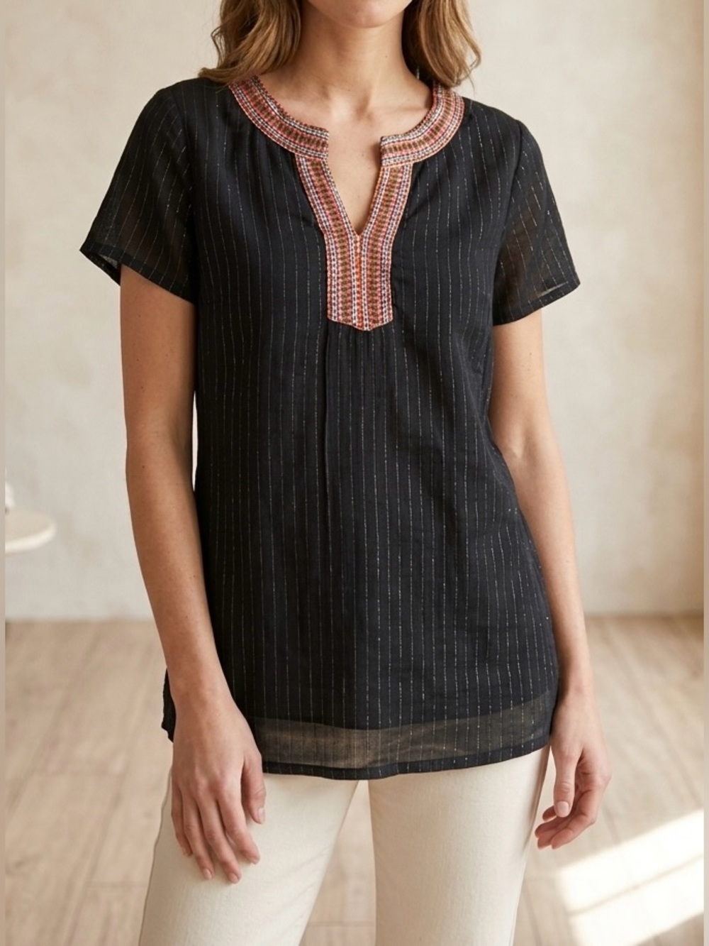 THML Black Embroidered V-Neck Blouse Short Sleeve Boho Striped Top Women Size S